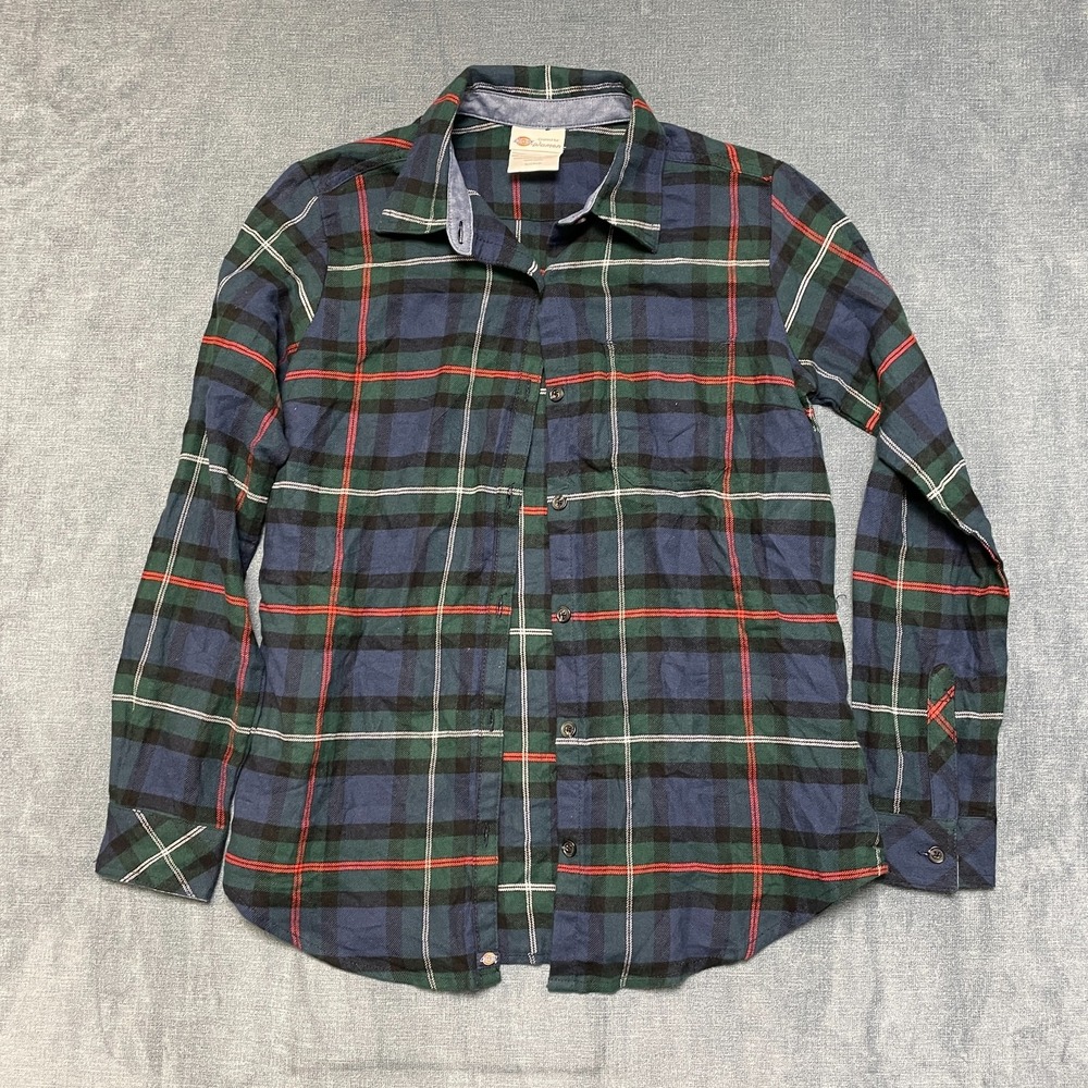 Dickies Flannel Shirt Womens Small Ink Navy Tartan Plaid Button Up Long Sleeve